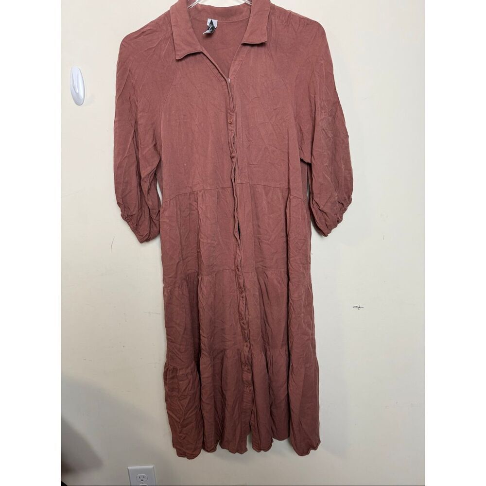 Yours Truly 100 % Rayon Long Sleeve Tiered Button Front Midi Dress Brown Size 12